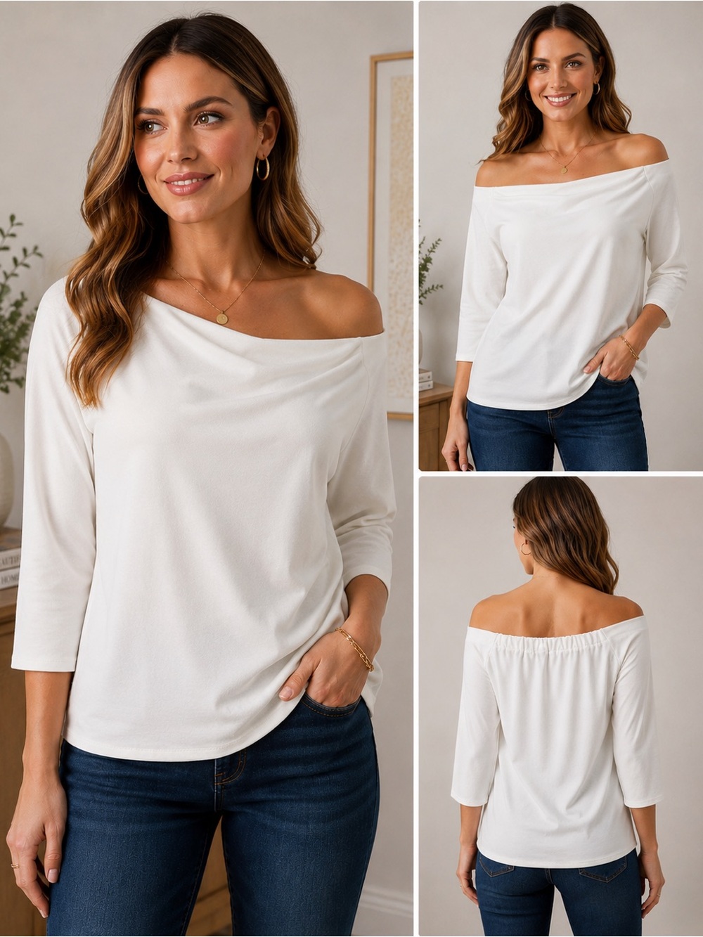 Tuckernuck White‎ Cowl Neck Top Medium 3/4 Sleeve Stretch Knit Blouse